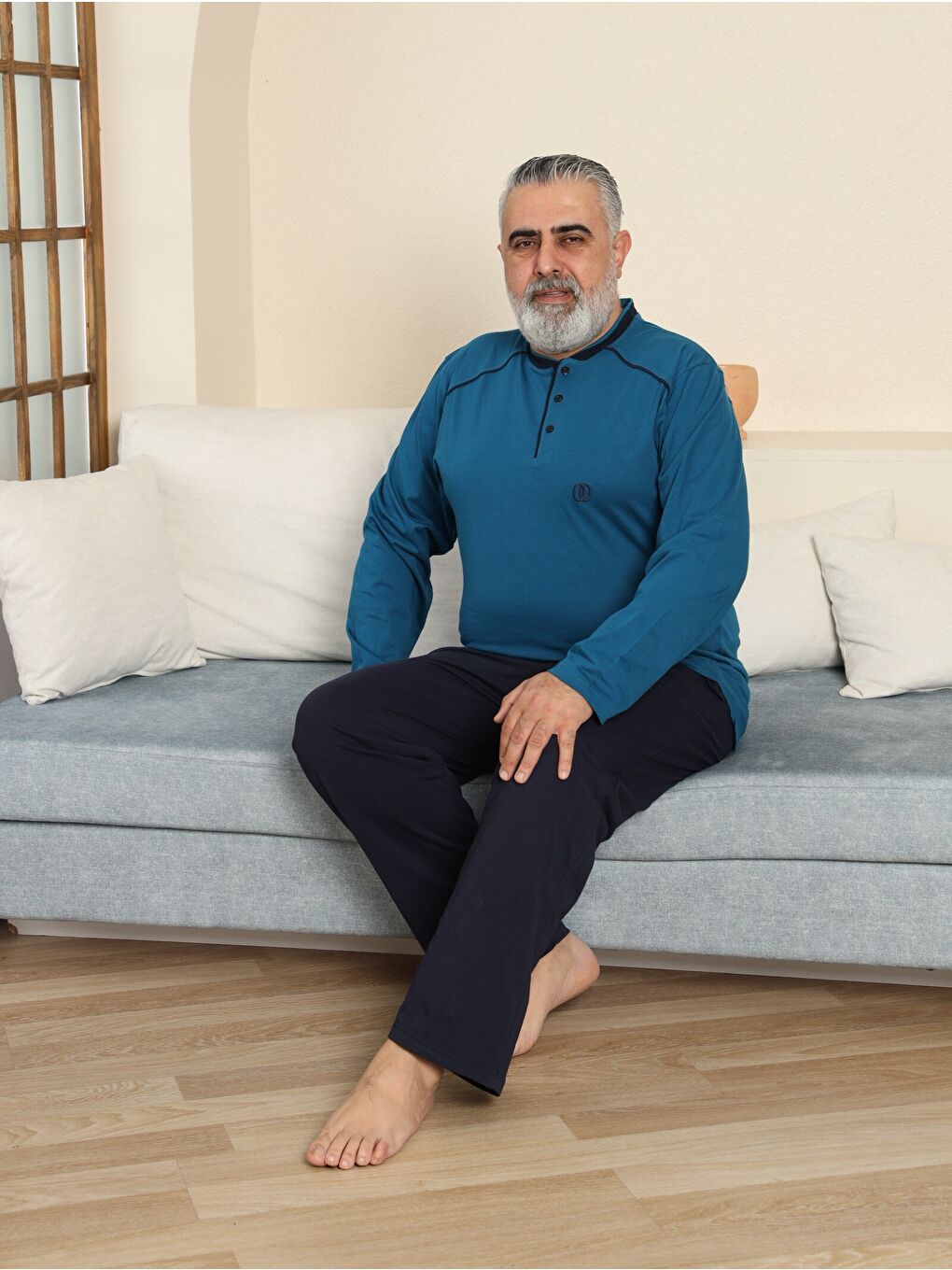 İndigo PREMIUM Erkek %100 Doğal Pamuk Biyeli Yüksek Kaliteli Düğmeli Uzun Kollu Battal Pijama Takımı-4