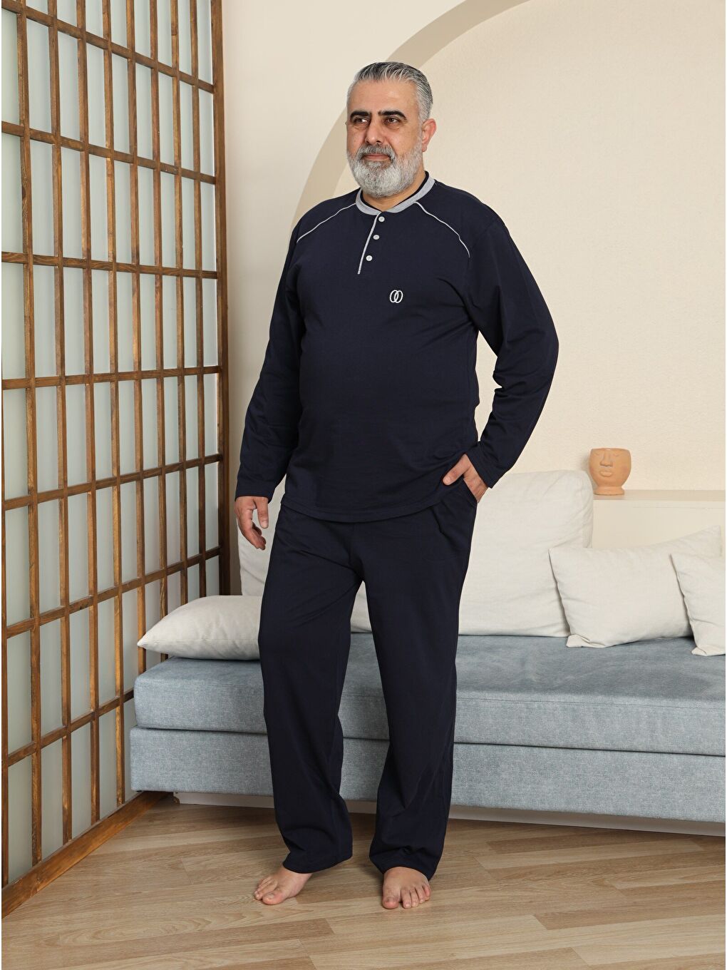 Lacivert PREMIUM Erkek %100 Doğal Pamuk Biyeli Yüksek Kaliteli Düğmeli Uzun Kollu Battal Pijama Takımı-1