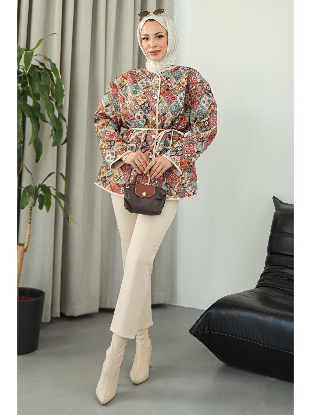 Ekru Cepli Etnik Desenli Çıtçıtlı Ceket Krem - 27831-KREM-4