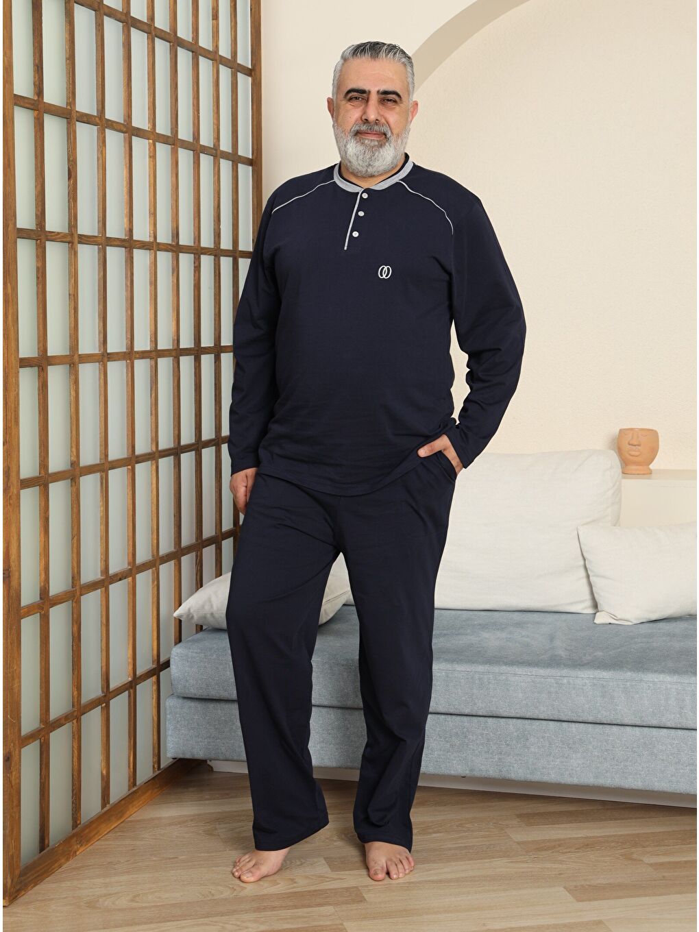 Lacivert PREMIUM Erkek %100 Doğal Pamuk Biyeli Yüksek Kaliteli Düğmeli Uzun Kollu Battal Pijama Takımı-2