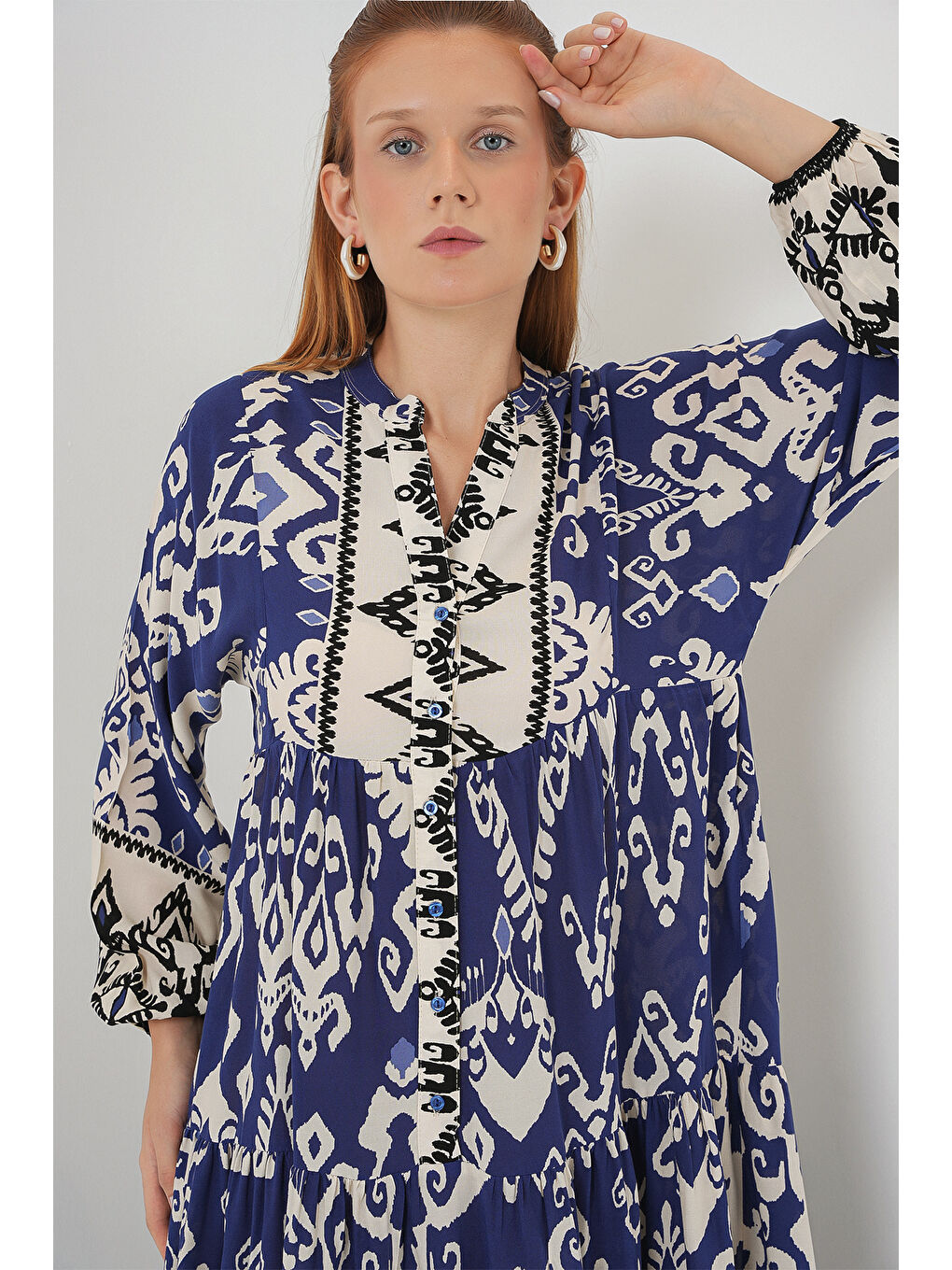 Kadın Desenli Uzun Tesettür Elbise 2585 - İndigo-1