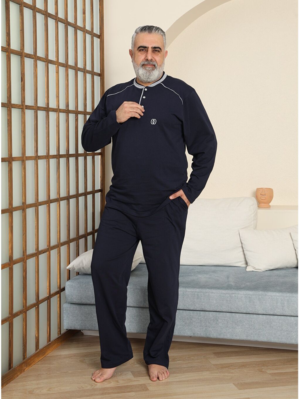 Lacivert PREMIUM Erkek %100 Doğal Pamuk Biyeli Yüksek Kaliteli Düğmeli Uzun Kollu Battal Pijama Takımı-3