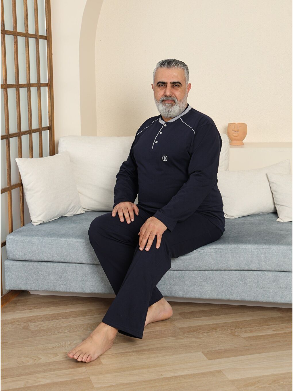 Lacivert PREMIUM Erkek %100 Doğal Pamuk Biyeli Yüksek Kaliteli Düğmeli Uzun Kollu Battal Pijama Takımı-4