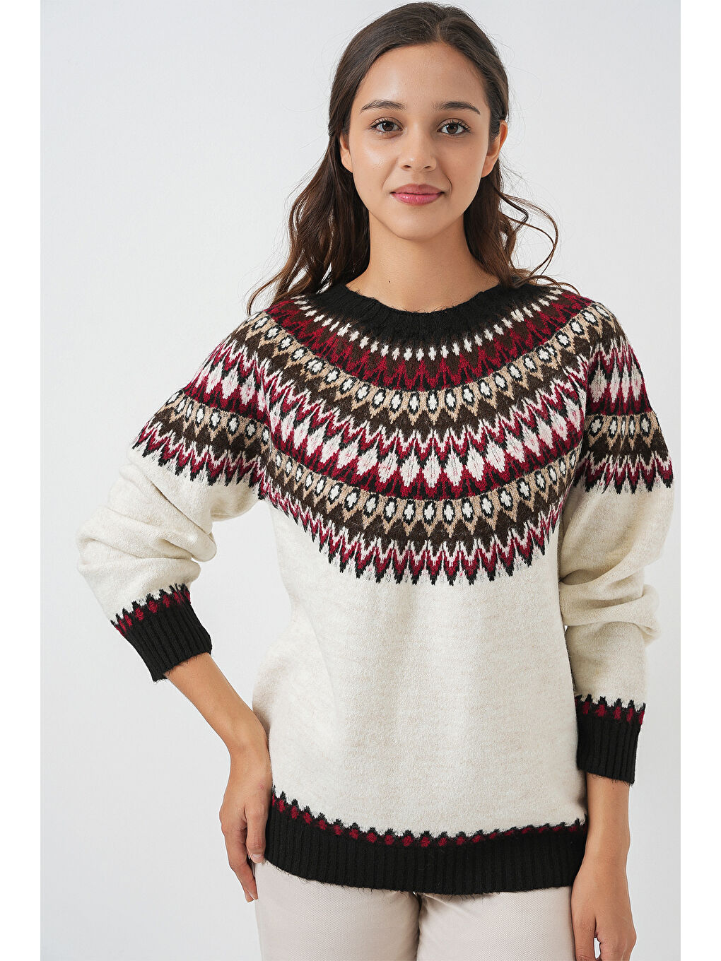 Kadın Desenli Triko Kazak 15932 - Ekru-3