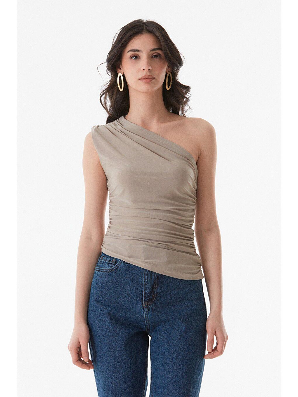 Bej Basic Yanları Büzgülü Bluz-2