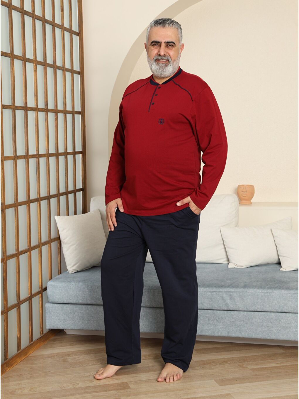 Bordo PREMIUM Erkek %100 Doğal Pamuk Biyeli Yüksek Kaliteli Düğmeli Uzun Kollu Battal Pijama Takımı-1