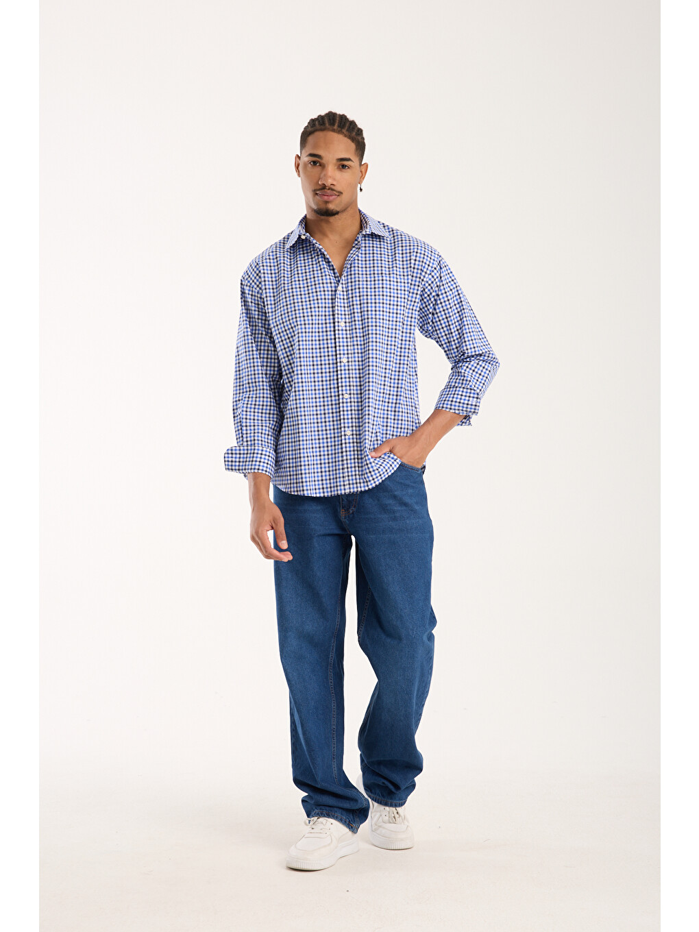 Rio Poplin Pamuklu Oversize Fit Koyu Mavi Klasik Yaka Erkek Kareli Gömlek-2
