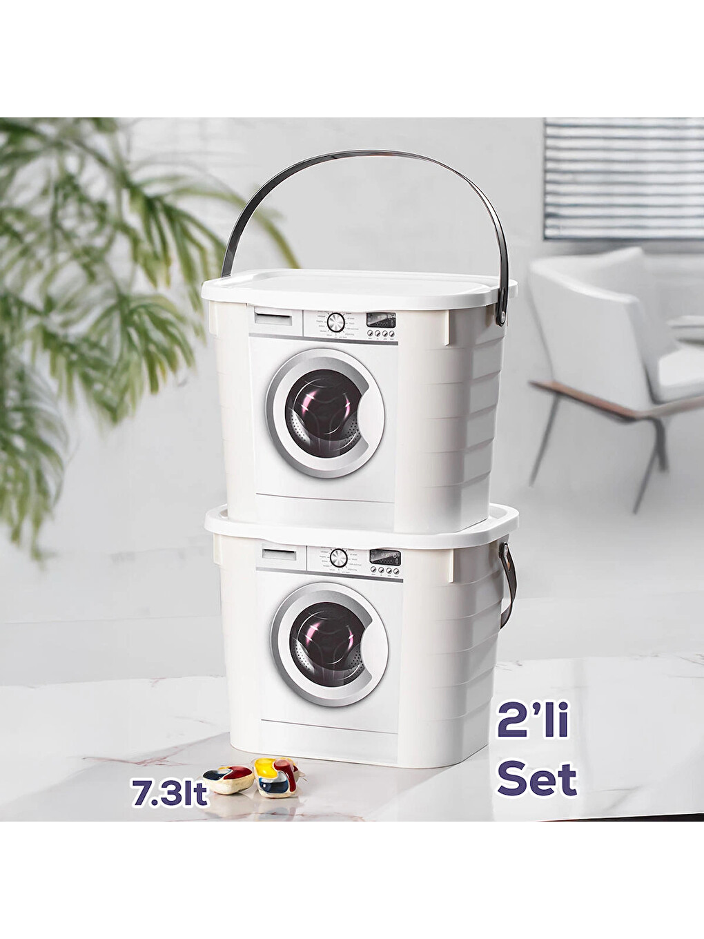 Beyaz 2li Mega Kendinden Etiketli Çok Amaçlı Pratik Kapaklı Deterjan Saklama Kabı 2 x 7,3 lt-1