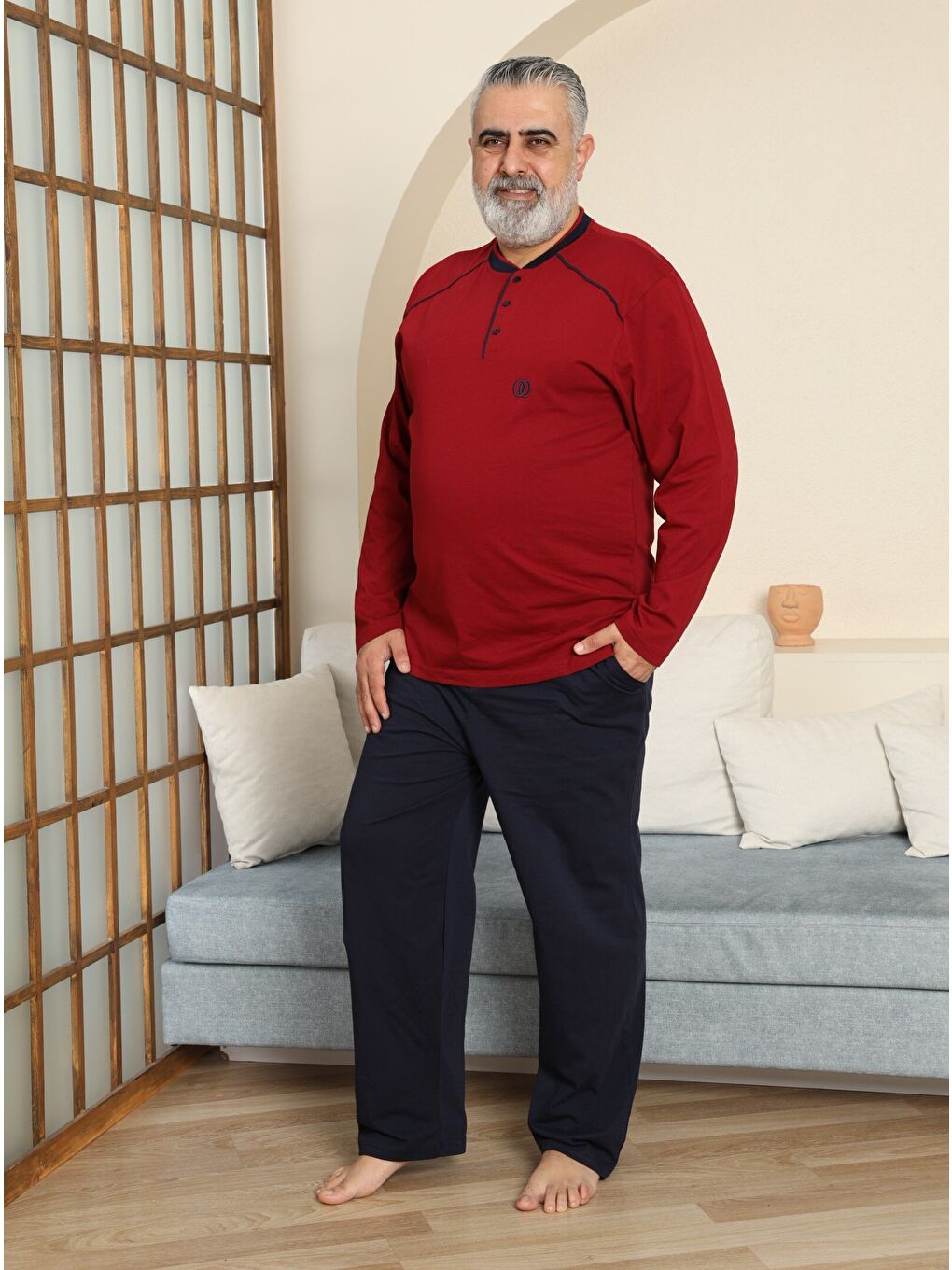 Bordo PREMIUM Erkek %100 Doğal Pamuk Biyeli Yüksek Kaliteli Düğmeli Uzun Kollu Battal Pijama Takımı-2