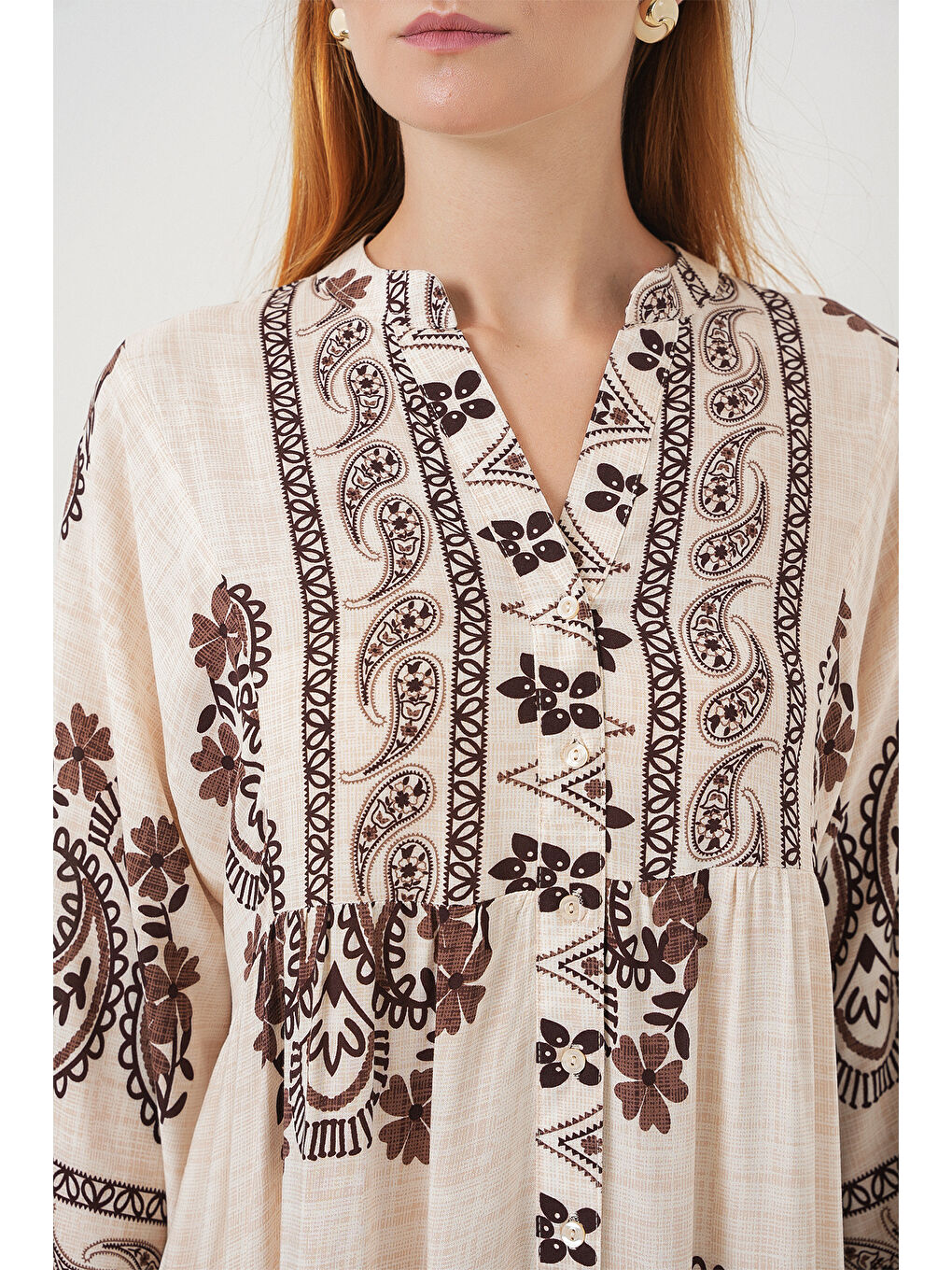 Kadın Desenli Uzun Tesettür Elbise 2585 - M. Kahverengi-4