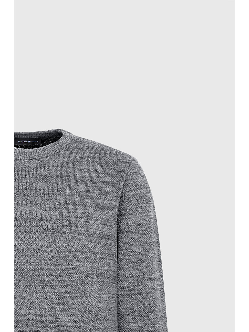 Erkek Açık Gri-Lacivert Recycle Standart Fit Normal Kesim Bisiklet Yaka Pirinç Örgü Desenli Triko-6