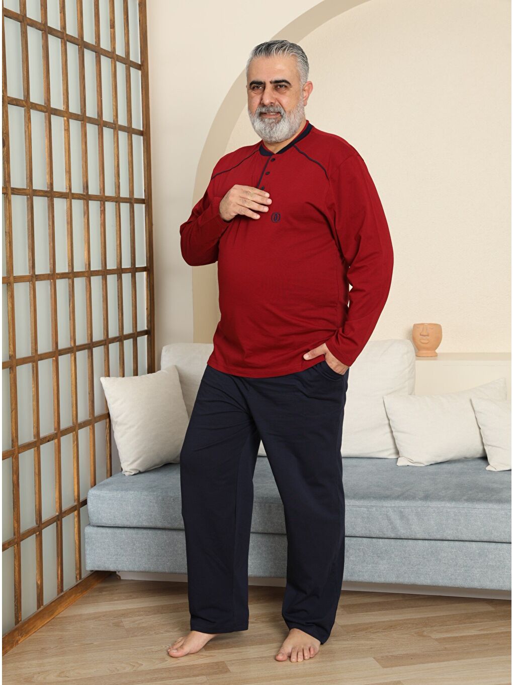Bordo PREMIUM Erkek %100 Doğal Pamuk Biyeli Yüksek Kaliteli Düğmeli Uzun Kollu Battal Pijama Takımı-3