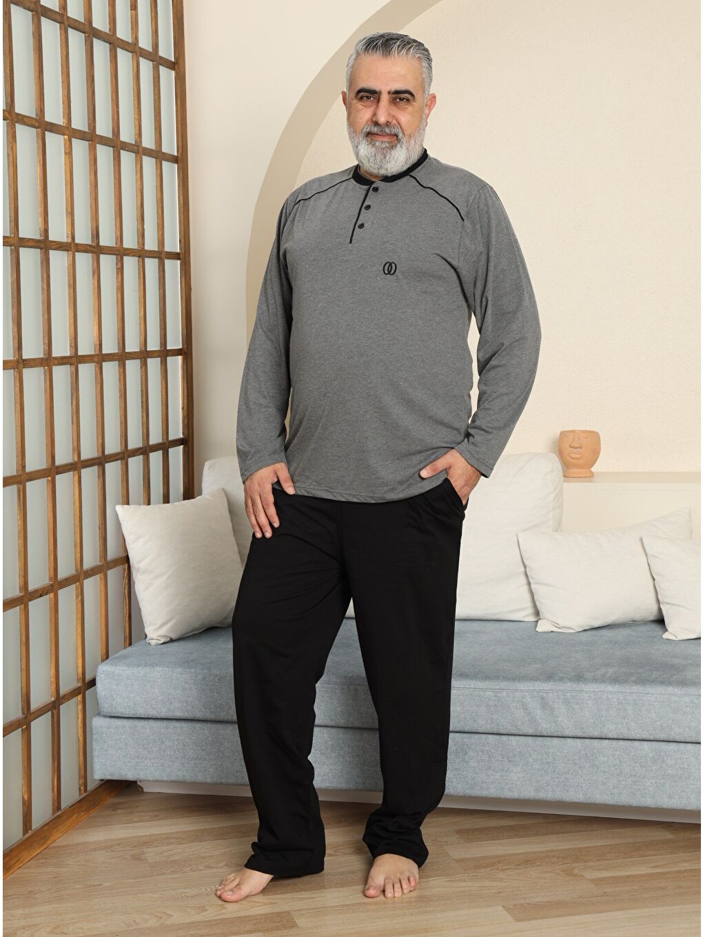 Gri PREMIUM Erkek %100 Doğal Pamuk Biyeli Yüksek Kaliteli Düğmeli Uzun Kollu Battal Pijama Takımı-1