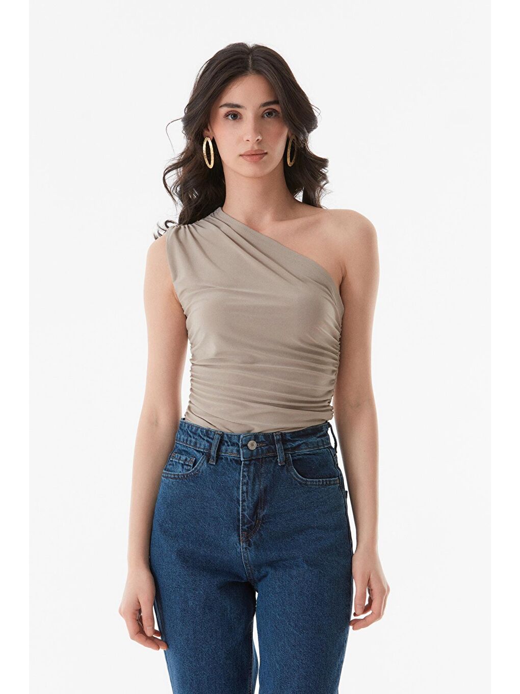 Bej Basic Yanları Büzgülü Bluz-3