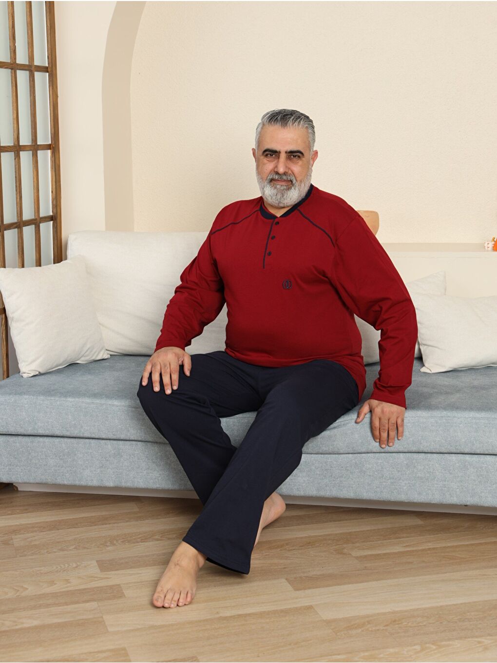 Bordo PREMIUM Erkek %100 Doğal Pamuk Biyeli Yüksek Kaliteli Düğmeli Uzun Kollu Battal Pijama Takımı-4