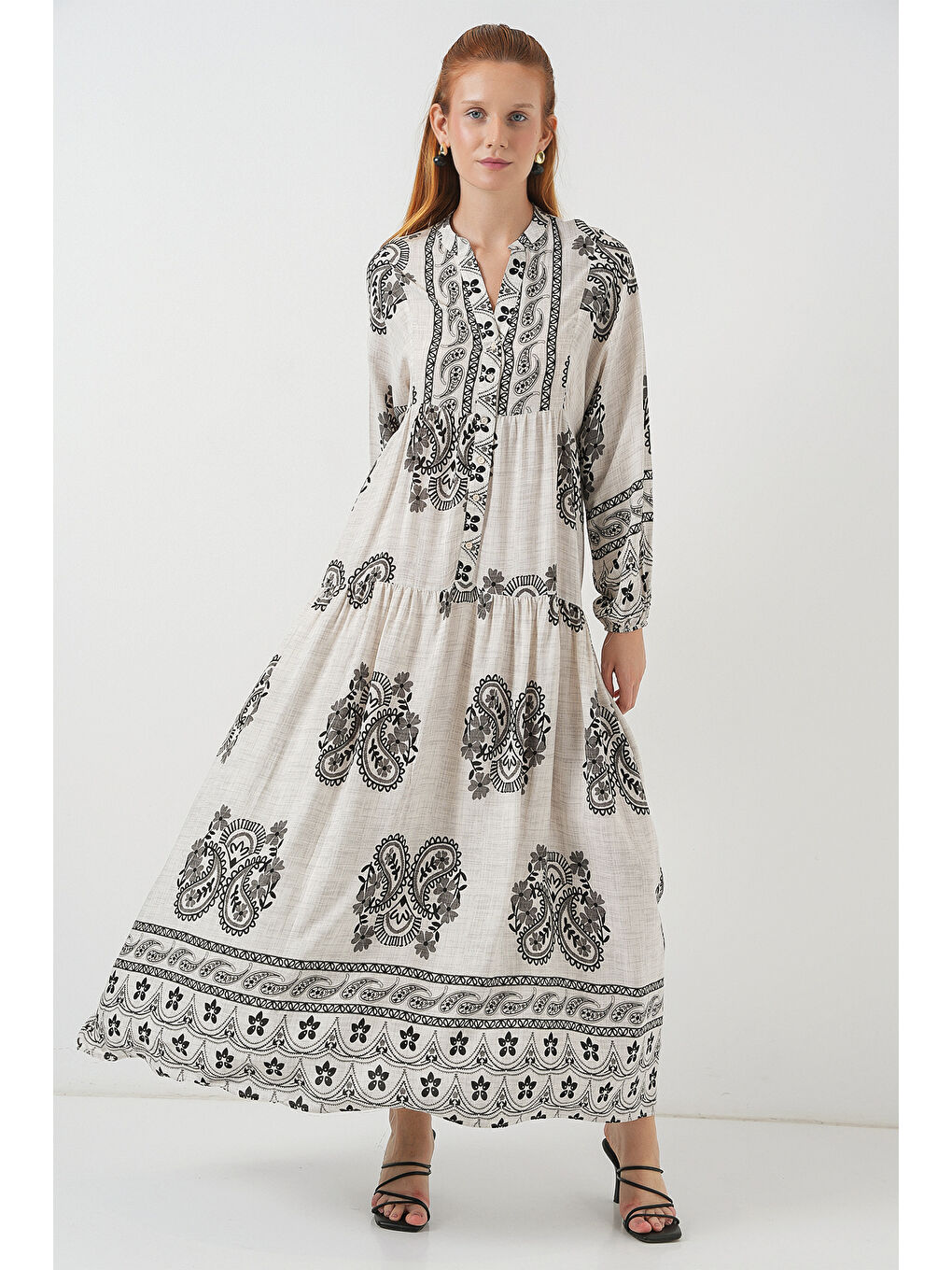 Bej Kadın Desenli Uzun Tesettür Elbise 2585 - Taş-2