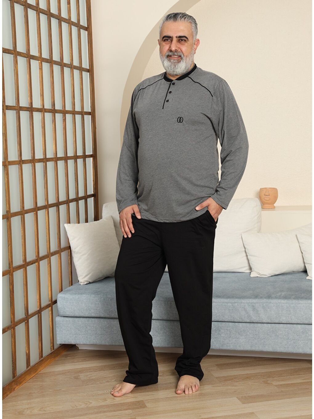 Gri PREMIUM Erkek %100 Doğal Pamuk Biyeli Yüksek Kaliteli Düğmeli Uzun Kollu Battal Pijama Takımı-2