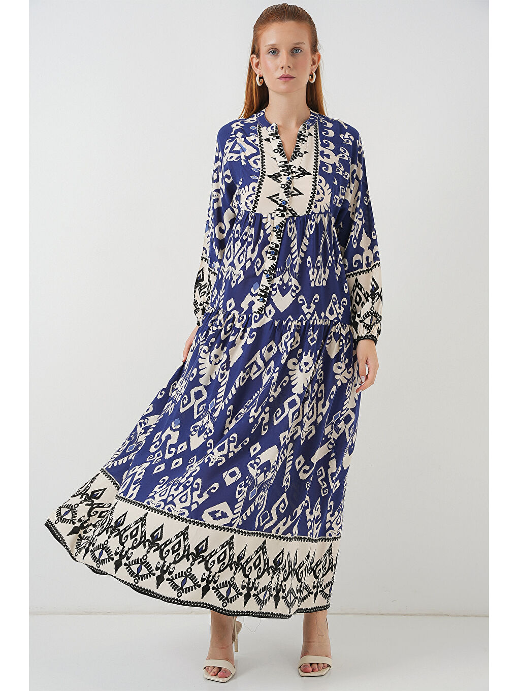 Kadın Desenli Uzun Tesettür Elbise 2585 - İndigo-2