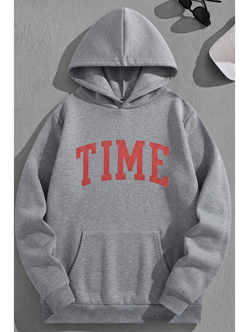Unisex 3 İplik Pamuklu Gri Tıme Baskı Bol Kalıp Sweatshirt Hoodie