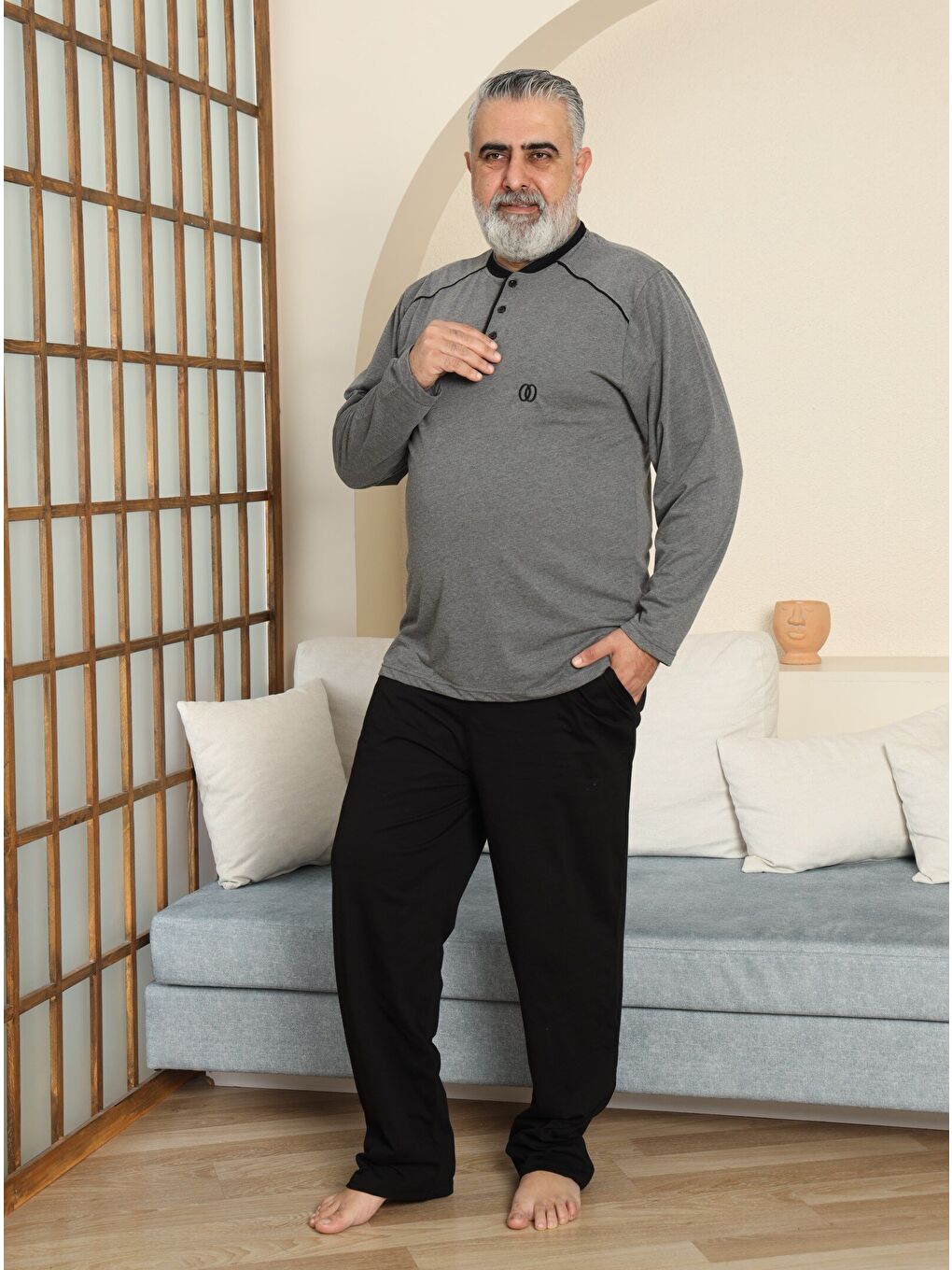 Gri PREMIUM Erkek %100 Doğal Pamuk Biyeli Yüksek Kaliteli Düğmeli Uzun Kollu Battal Pijama Takımı-3