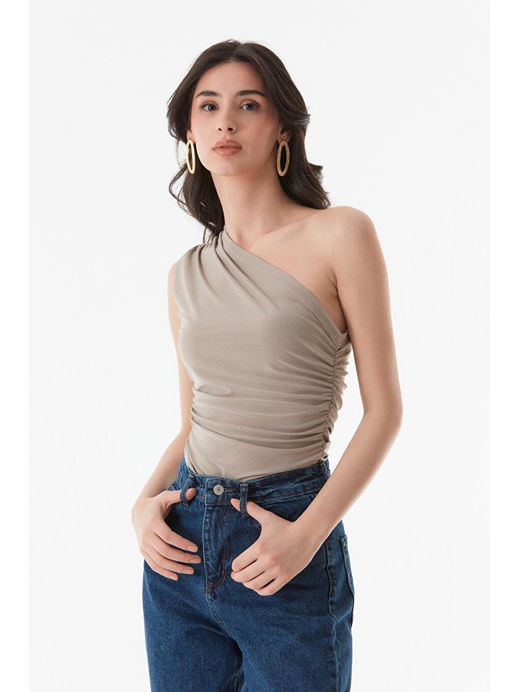 Bej Basic Yanları Büzgülü Bluz-4