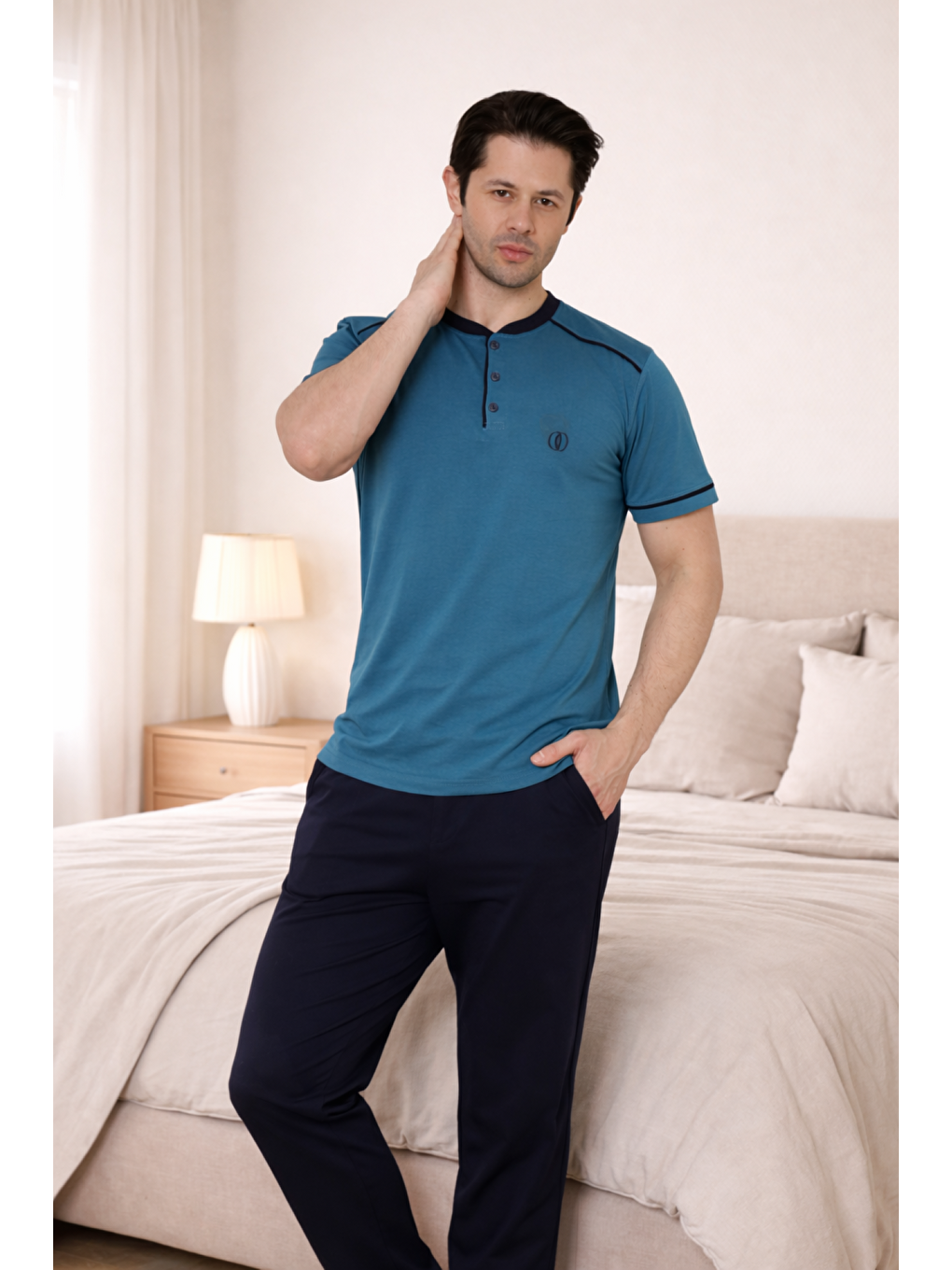 İndigo PREMIUM Erkek %100 Doğal Pamuk Biyeli Yüksek Kaliteli Düğmeli Kısa Kollu Pijama Takımı