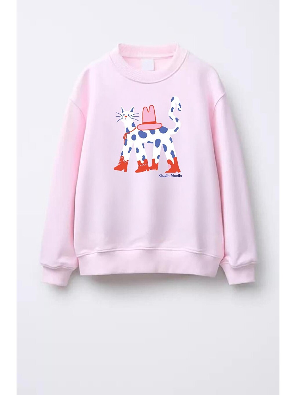Pembe Kız Çocuk Kedi Baskılı 3 İplik Kumaş Pamuklu Sweatshirt