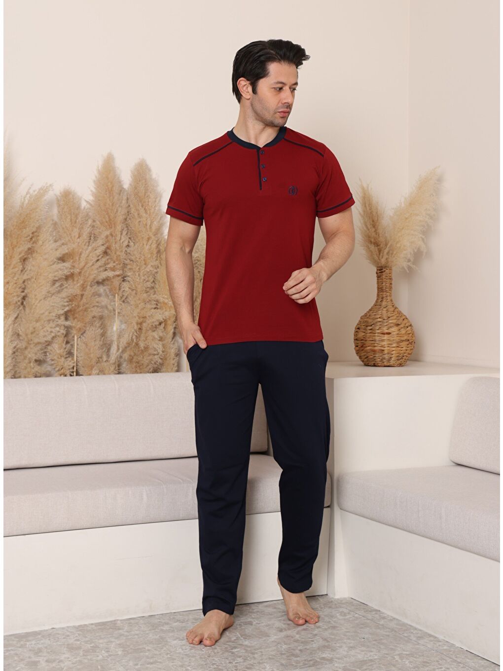 Bordo PREMIUM Erkek %100 Doğal Pamuk Biyeli Yüksek Kaliteli Düğmeli Kısa Kollu Pijama Takımı