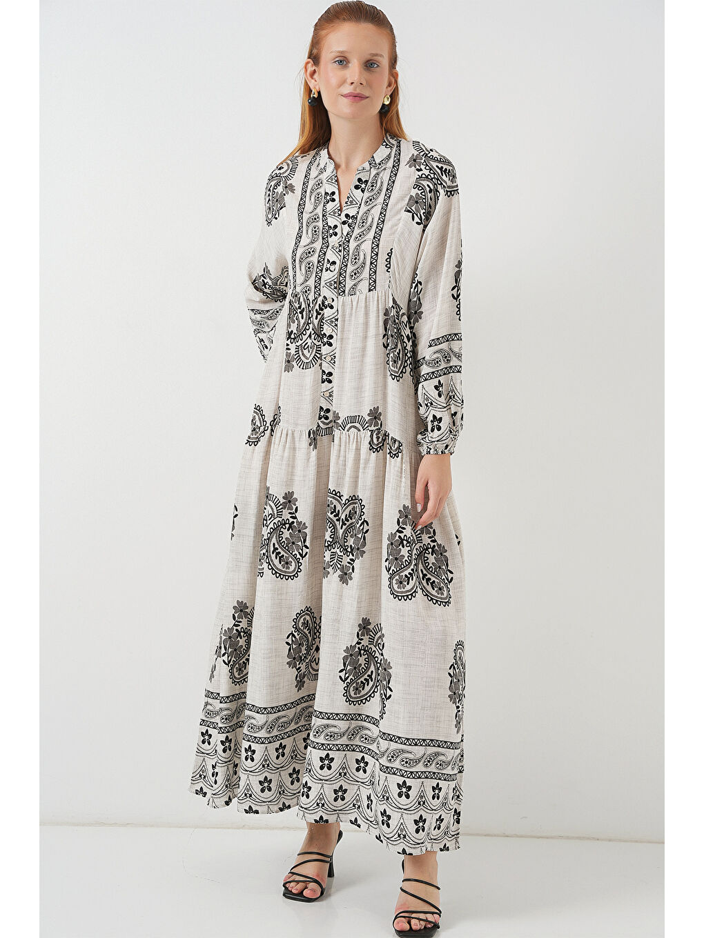 Bej Kadın Desenli Uzun Tesettür Elbise 2585 - Taş-3