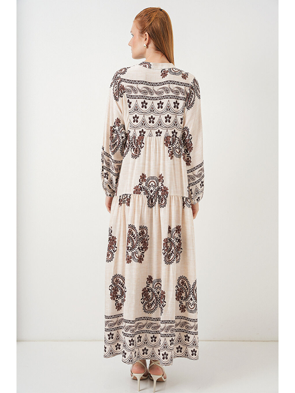 Kadın Desenli Uzun Tesettür Elbise 2585 - M. Kahverengi-5