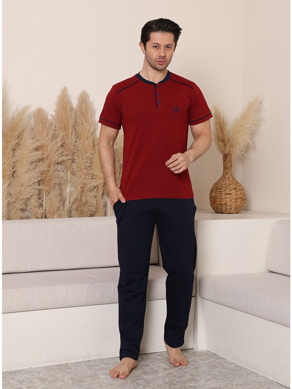 Bordo PREMIUM Erkek %100 Doğal Pamuk Biyeli Yüksek Kaliteli Düğmeli Kısa Kollu Pijama Takımı-1