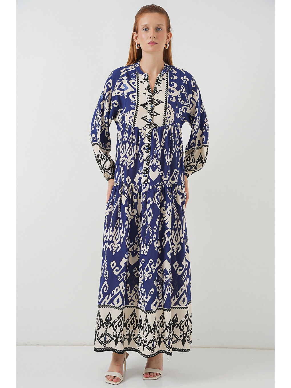 Kadın Desenli Uzun Tesettür Elbise 2585 - İndigo-3