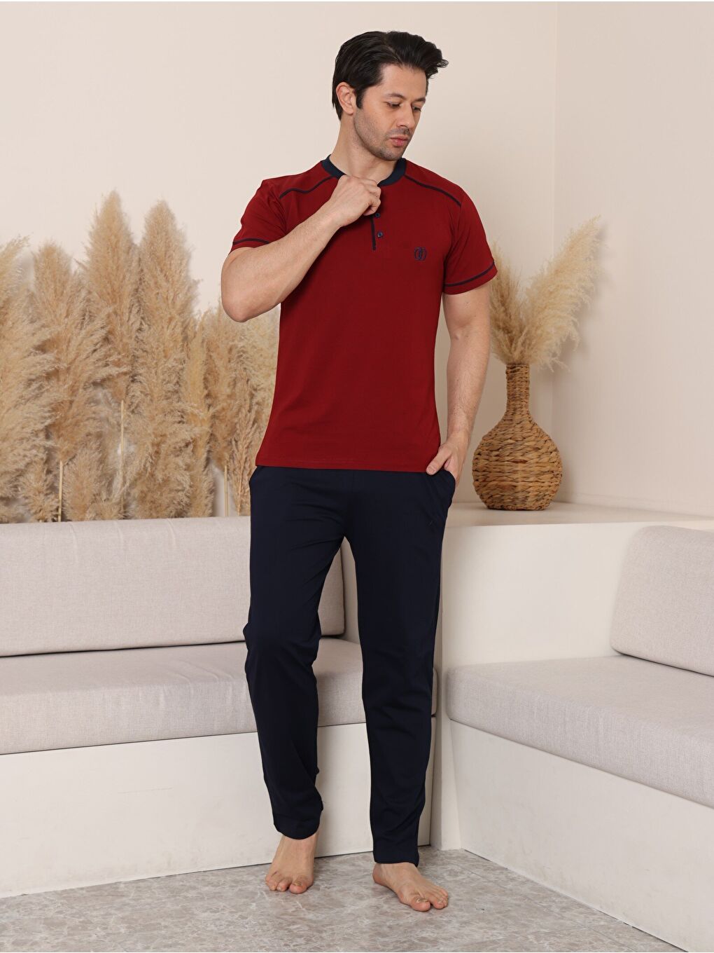 Bordo PREMIUM Erkek %100 Doğal Pamuk Biyeli Yüksek Kaliteli Düğmeli Kısa Kollu Pijama Takımı-2