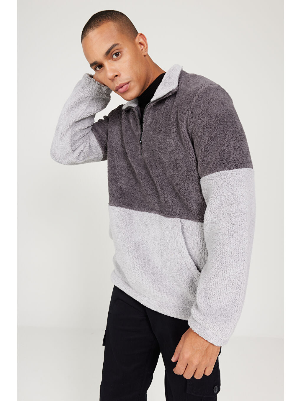 Antrasit Erkek Açık Melanj-Gri Melanj Standart Fit Normal Kesim Bato Yaka Polar-3