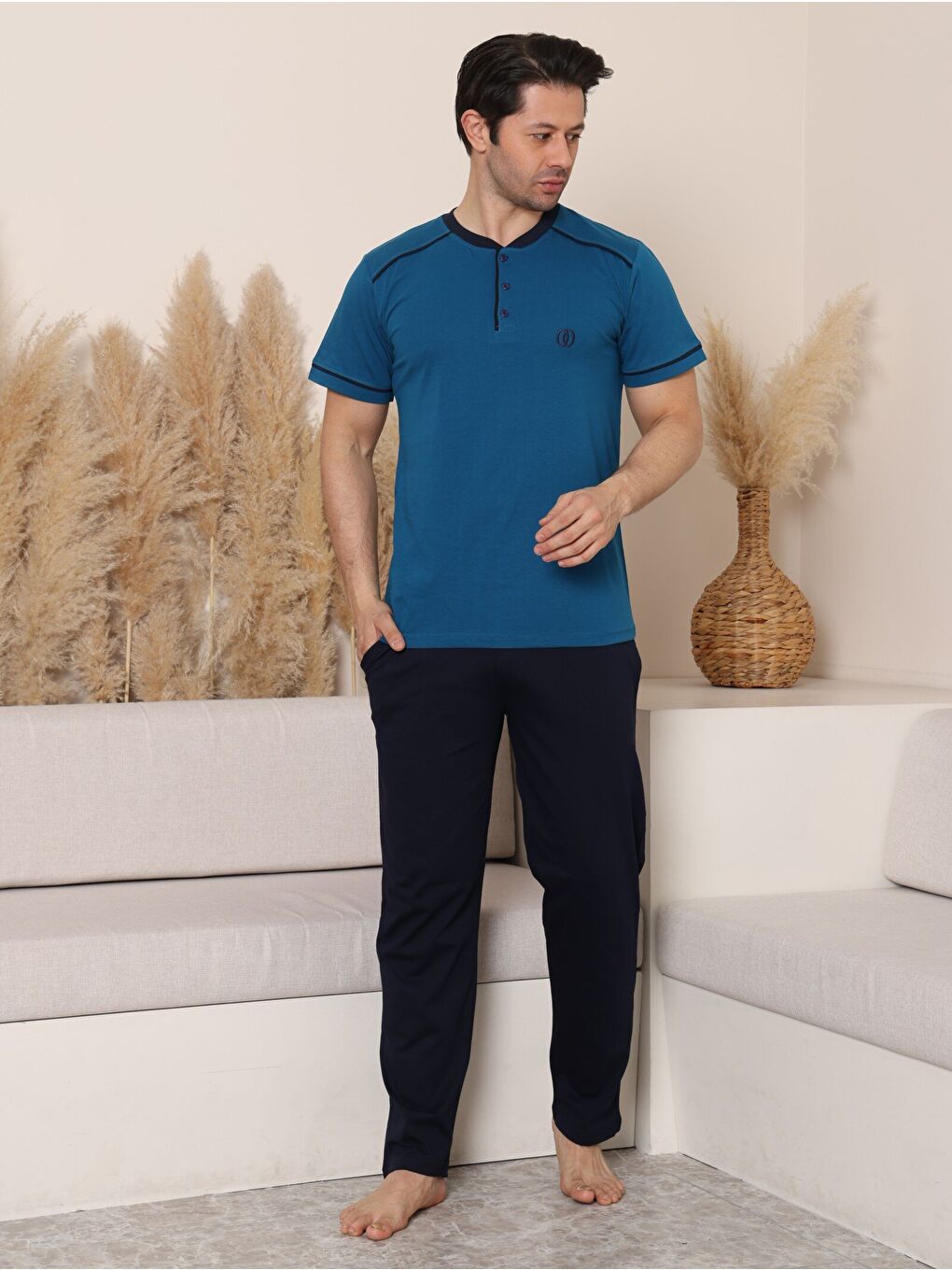 İndigo PREMIUM Erkek %100 Doğal Pamuk Biyeli Yüksek Kaliteli Düğmeli Kısa Kollu Pijama Takımı-1