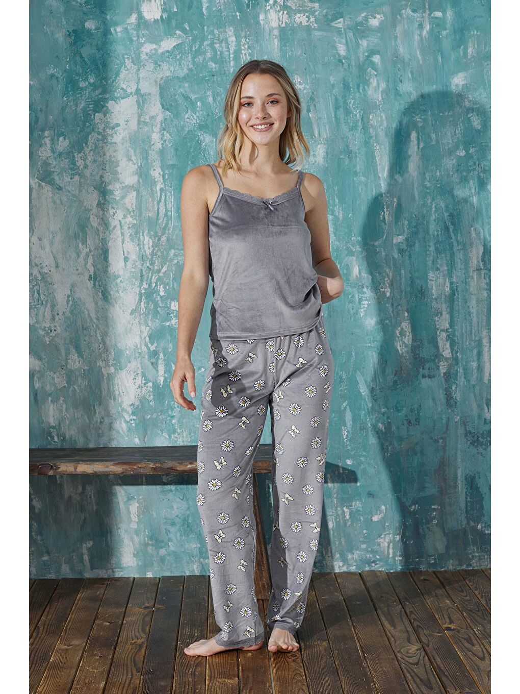 Gri Kadın Kadife Sabahlıklı Altı Uzun 3'lü Takım | 13451-38-2