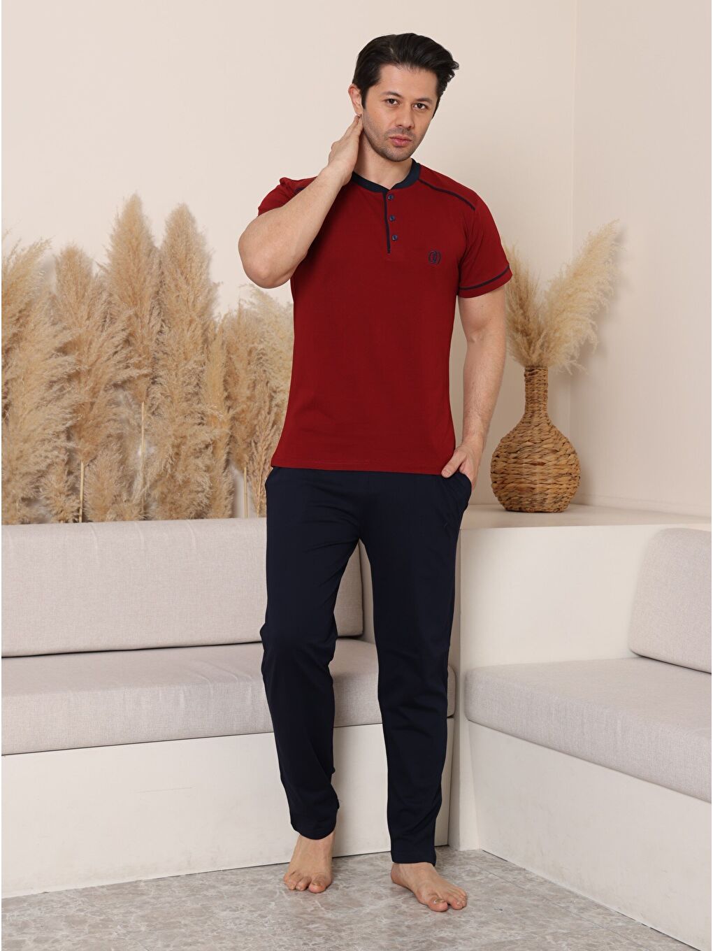 Bordo PREMIUM Erkek %100 Doğal Pamuk Biyeli Yüksek Kaliteli Düğmeli Kısa Kollu Pijama Takımı-3