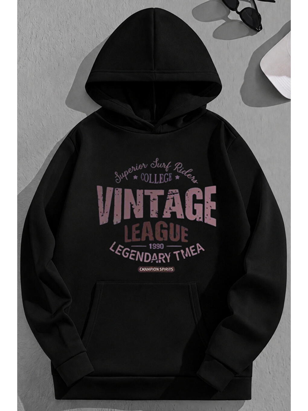 Unisex 3 İplik Pamuklu Siyah Vintageleage Baskı Bol Kalıp Sweatshirt Hoodie