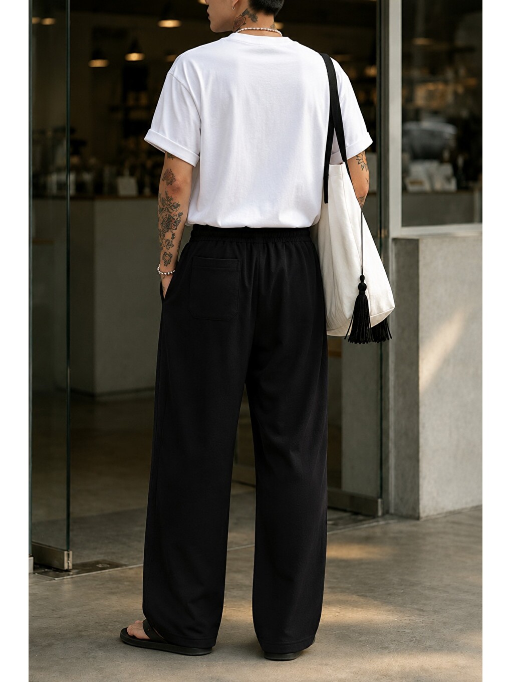 Siyah Erkek Oversize Bol Paça Eşofman Altı – Pamuklu Elastanlı Rahat Kalıp Bağcıklı-2