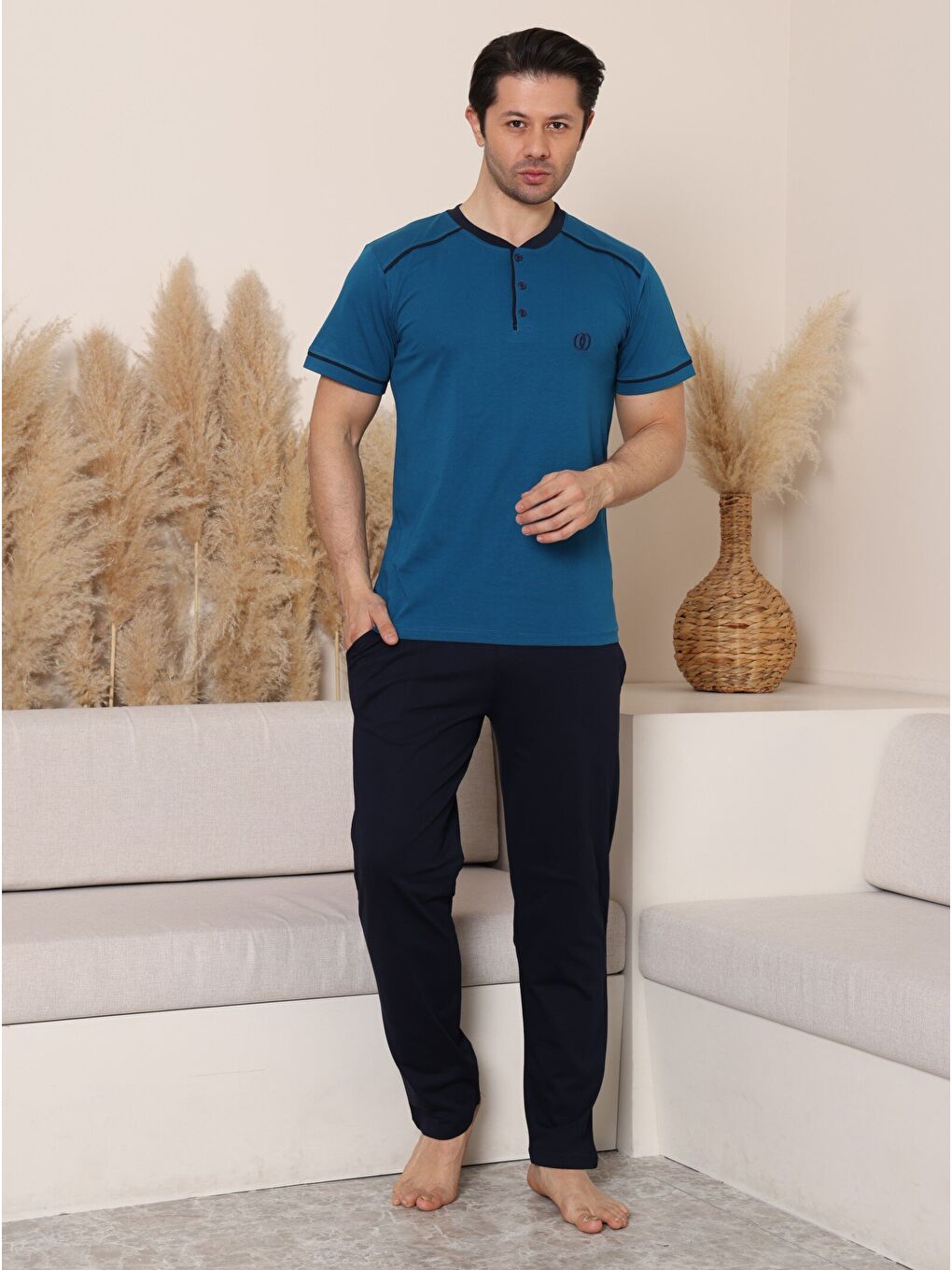 İndigo PREMIUM Erkek %100 Doğal Pamuk Biyeli Yüksek Kaliteli Düğmeli Kısa Kollu Pijama Takımı-2