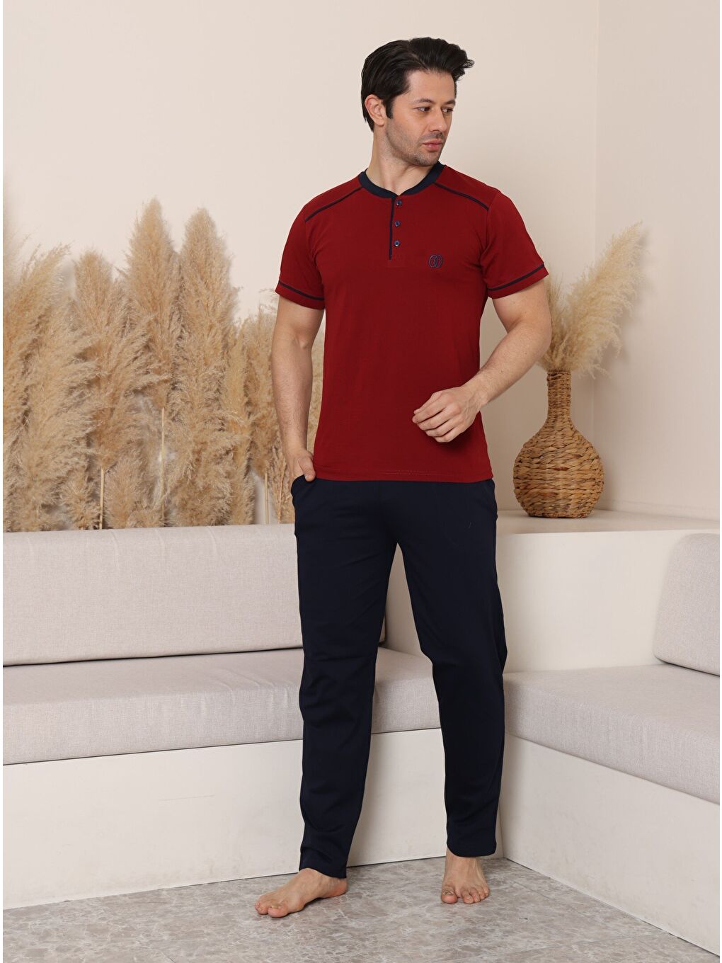 Bordo PREMIUM Erkek %100 Doğal Pamuk Biyeli Yüksek Kaliteli Düğmeli Kısa Kollu Pijama Takımı-4