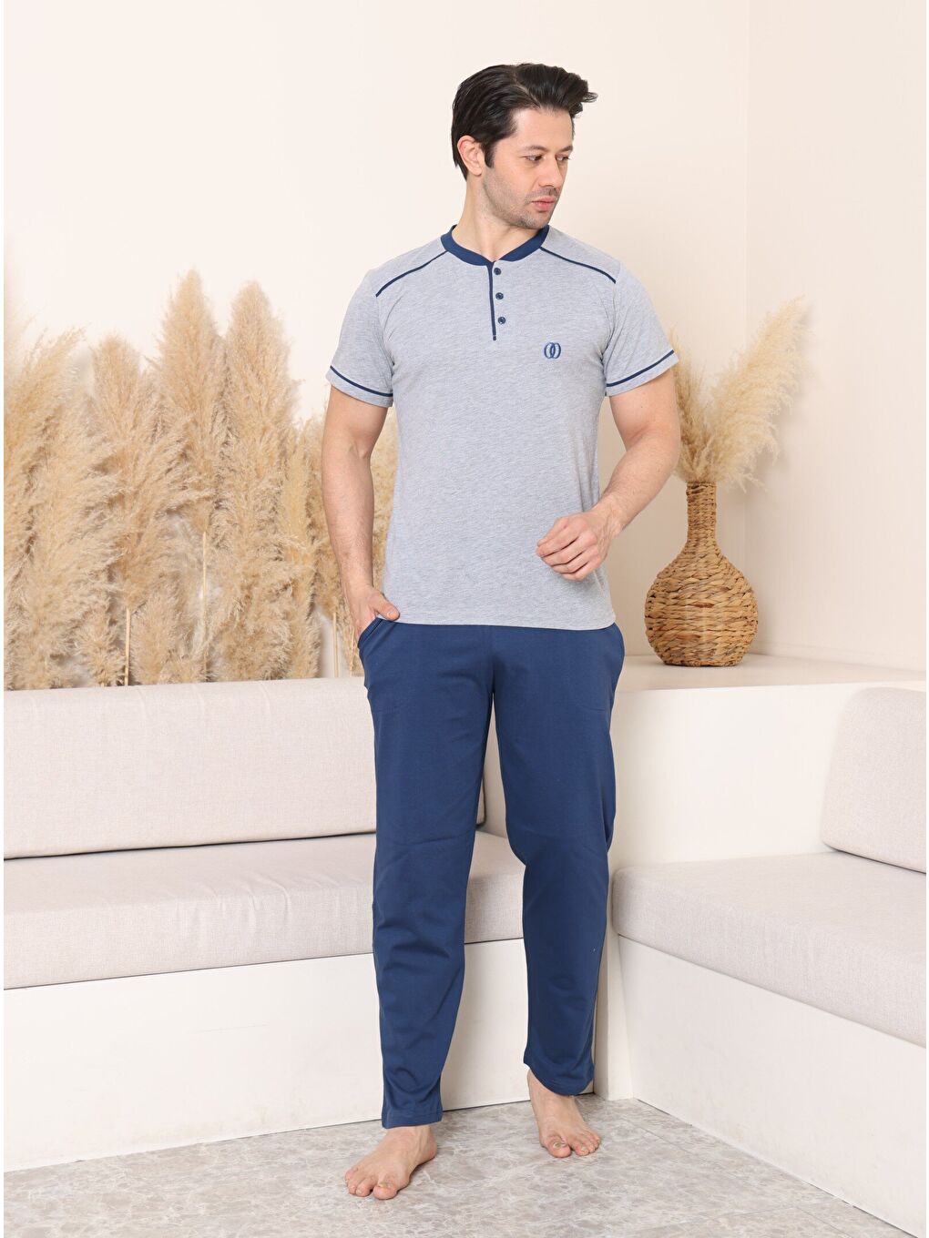 Gri PREMIUM Erkek %100 Doğal Pamuk Biyeli Yüksek Kaliteli Düğmeli Kısa Kollu Pijama Takımı-1