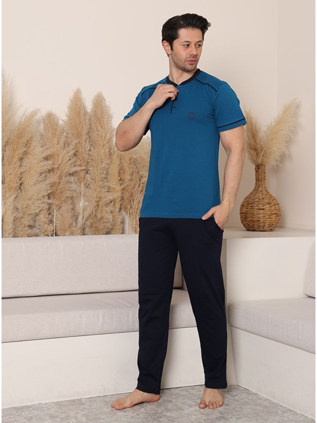 İndigo PREMIUM Erkek %100 Doğal Pamuk Biyeli Yüksek Kaliteli Düğmeli Kısa Kollu Pijama Takımı-3