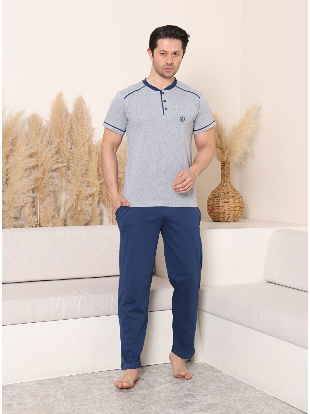 Gri PREMIUM Erkek %100 Doğal Pamuk Biyeli Yüksek Kaliteli Düğmeli Kısa Kollu Pijama Takımı-2