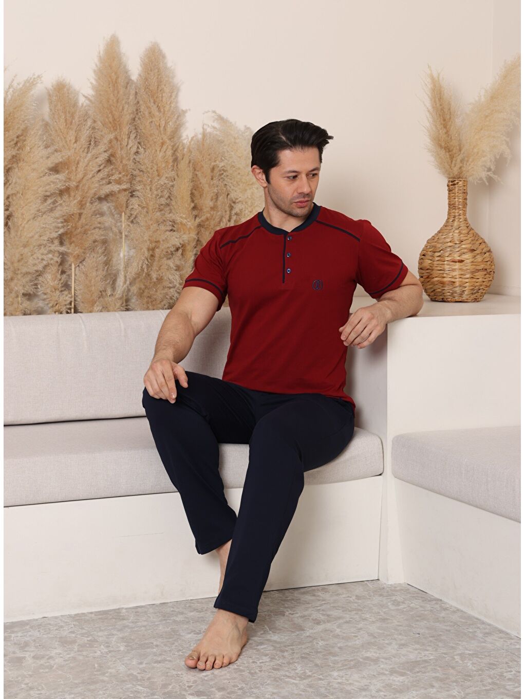 Bordo PREMIUM Erkek %100 Doğal Pamuk Biyeli Yüksek Kaliteli Düğmeli Kısa Kollu Pijama Takımı-5