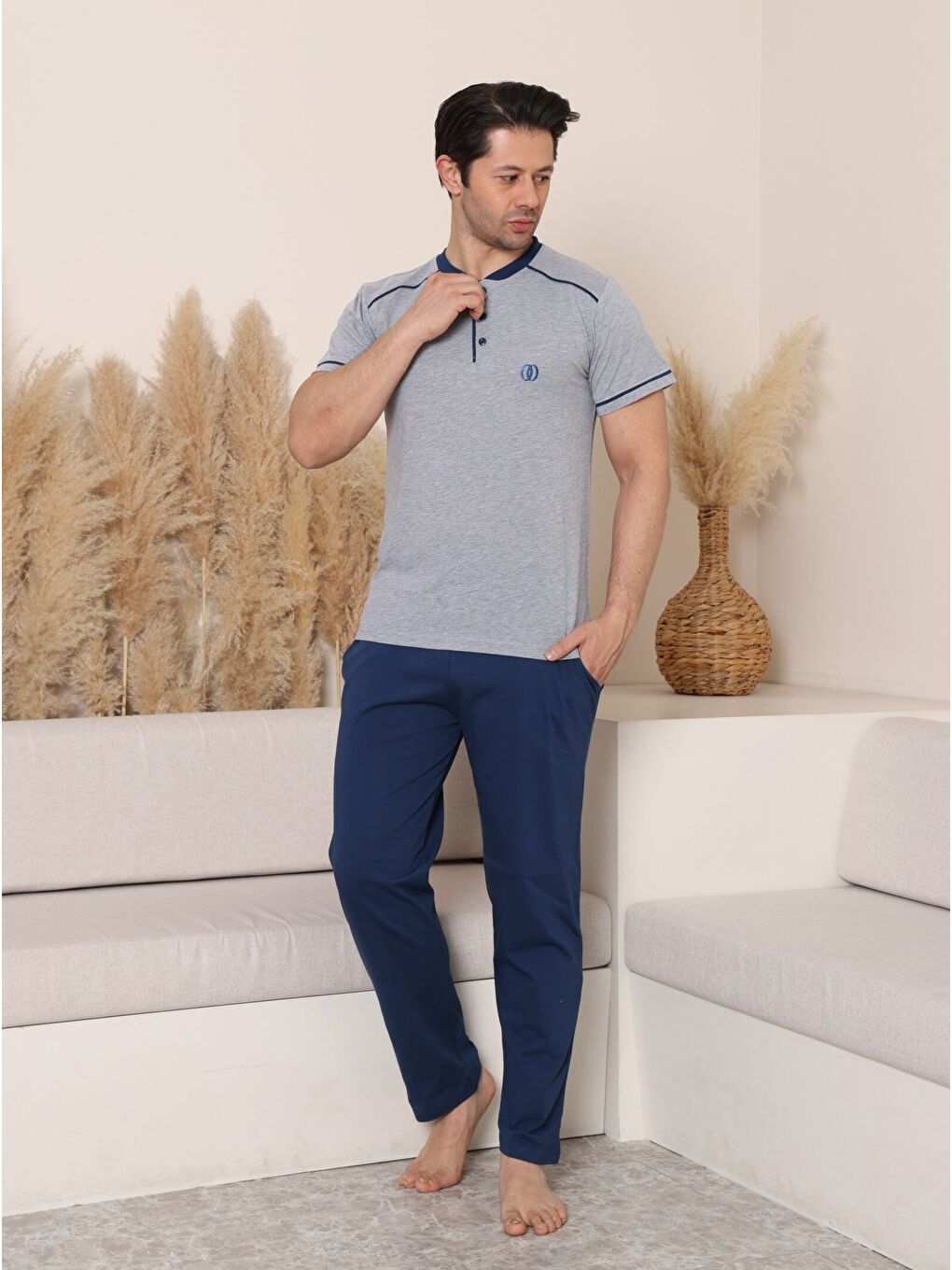 Gri PREMIUM Erkek %100 Doğal Pamuk Biyeli Yüksek Kaliteli Düğmeli Kısa Kollu Pijama Takımı-3