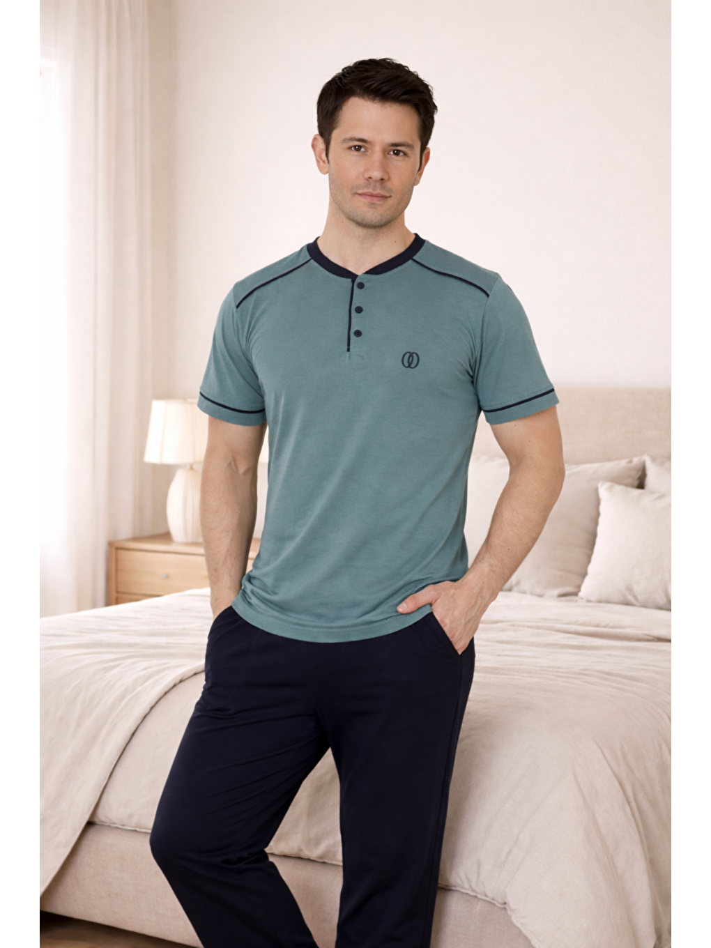 Yeşil PREMIUM Erkek %100 Doğal Pamuk Biyeli Yüksek Kaliteli Düğmeli Kısa Kollu Pijama Takımı