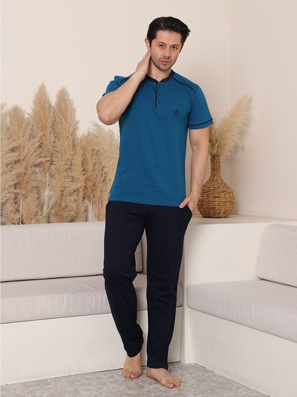 İndigo PREMIUM Erkek %100 Doğal Pamuk Biyeli Yüksek Kaliteli Düğmeli Kısa Kollu Pijama Takımı-4