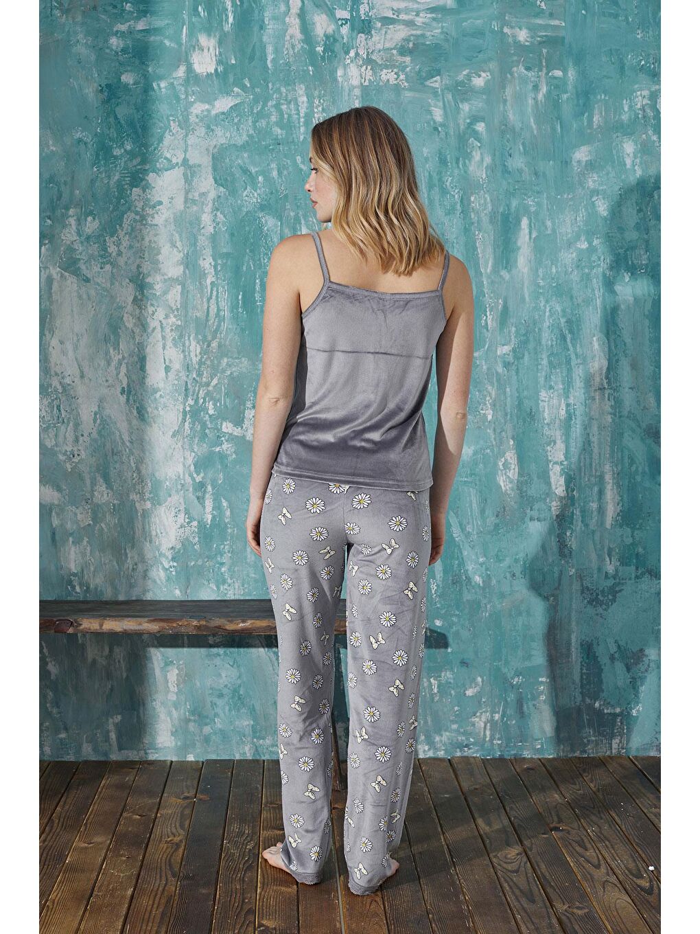 Gri Kadın Kadife Sabahlıklı Altı Uzun 3'lü Takım | 13451-38-4