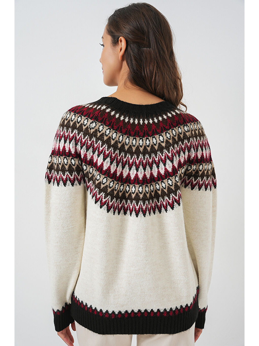 Kadın Desenli Triko Kazak 15932 - Ekru-5